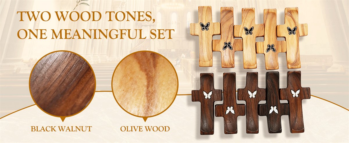 Two wood tones, one meaningful set — black walnut and olive wood grain beside ten pocket crosses in two rows