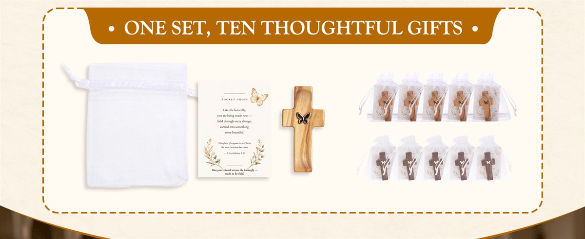 One set, ten thoughtful gifts — an organza bag, a blessing card and a pocket cross, plus ten bagged crosses ready to give