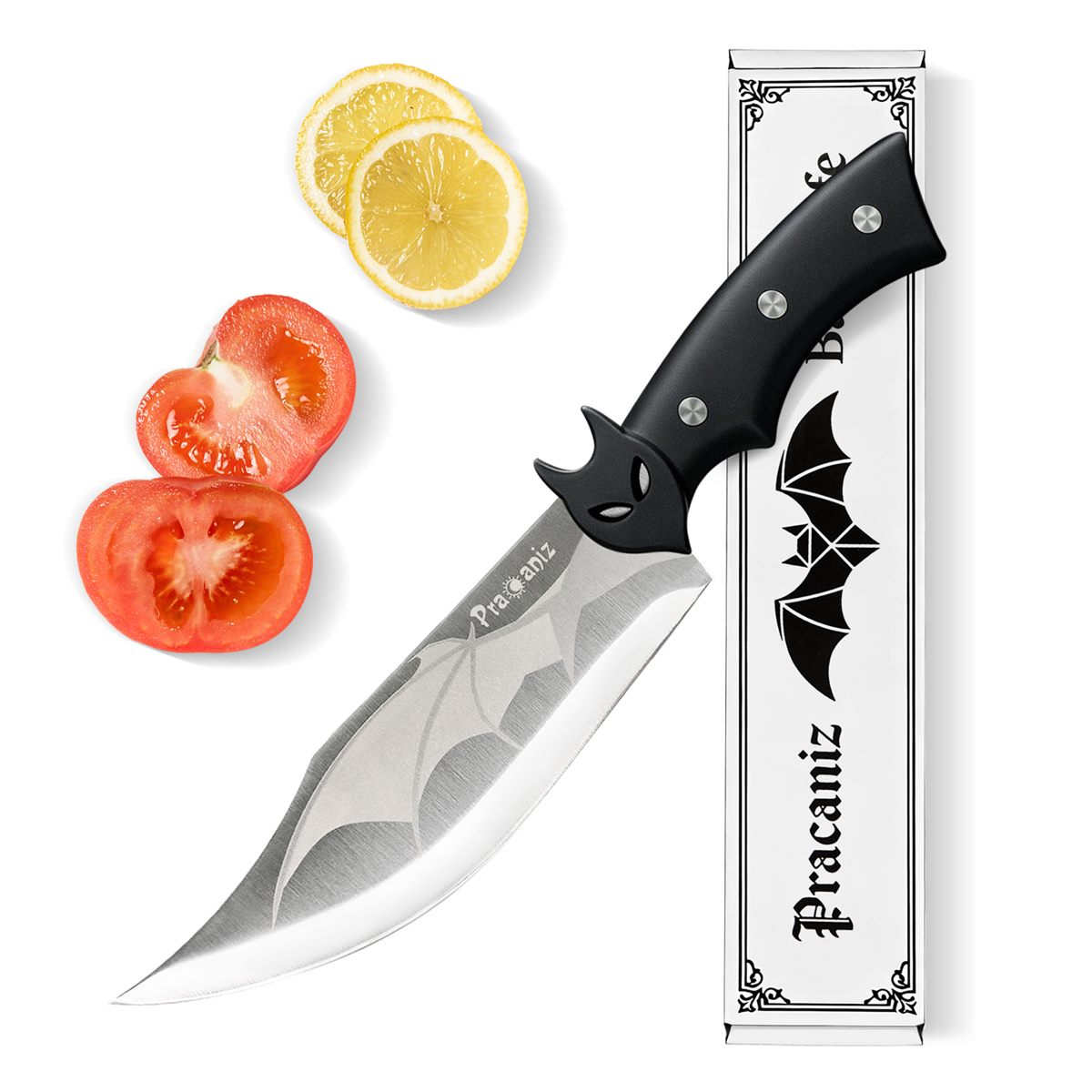Pracaniz bat knife — a steel blade with a bat outline etched into it, beside its printed box