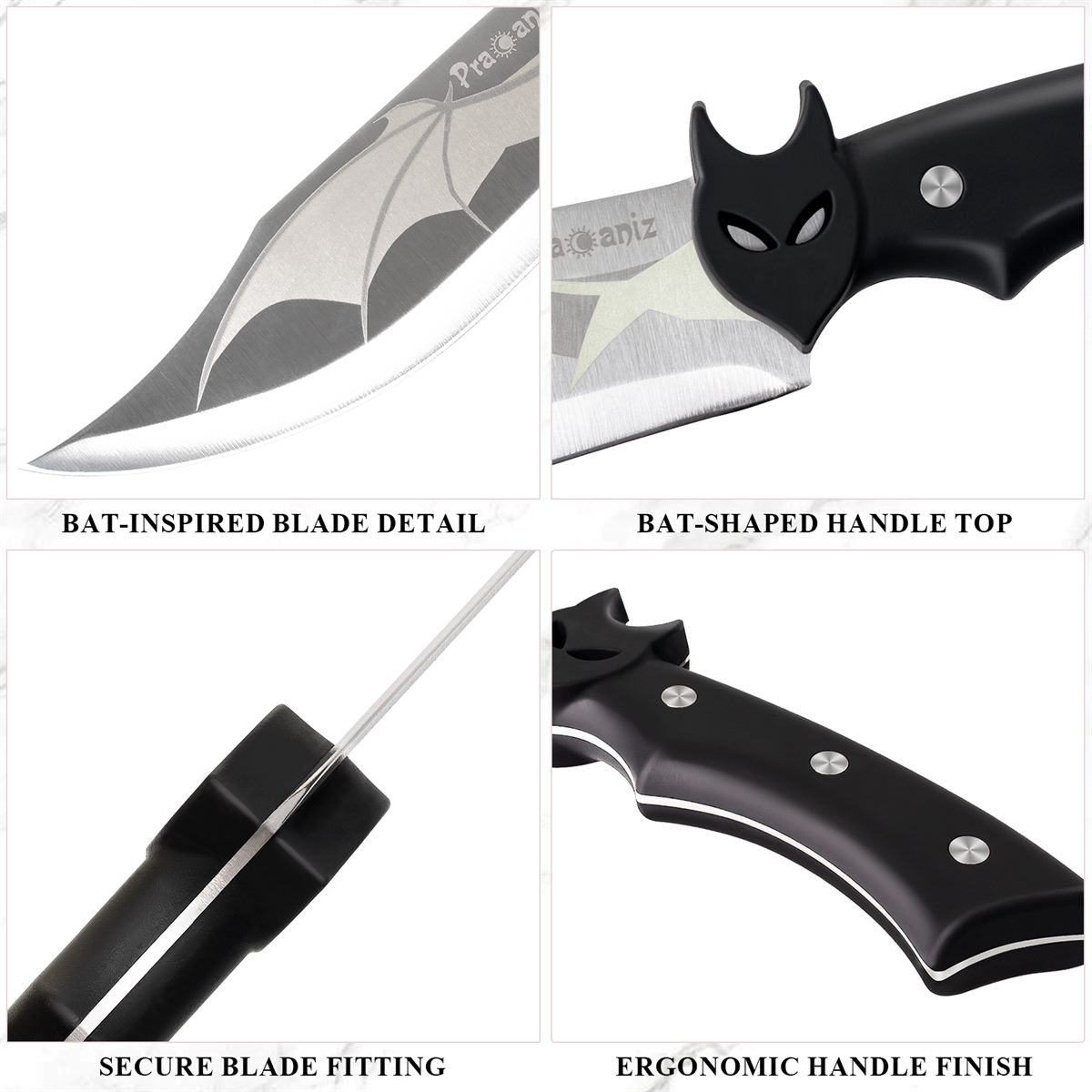 Four detail panels — the bat-inspired blade detail, the bat-shaped handle top, the secure blade fitting and the ergonomic handle finish