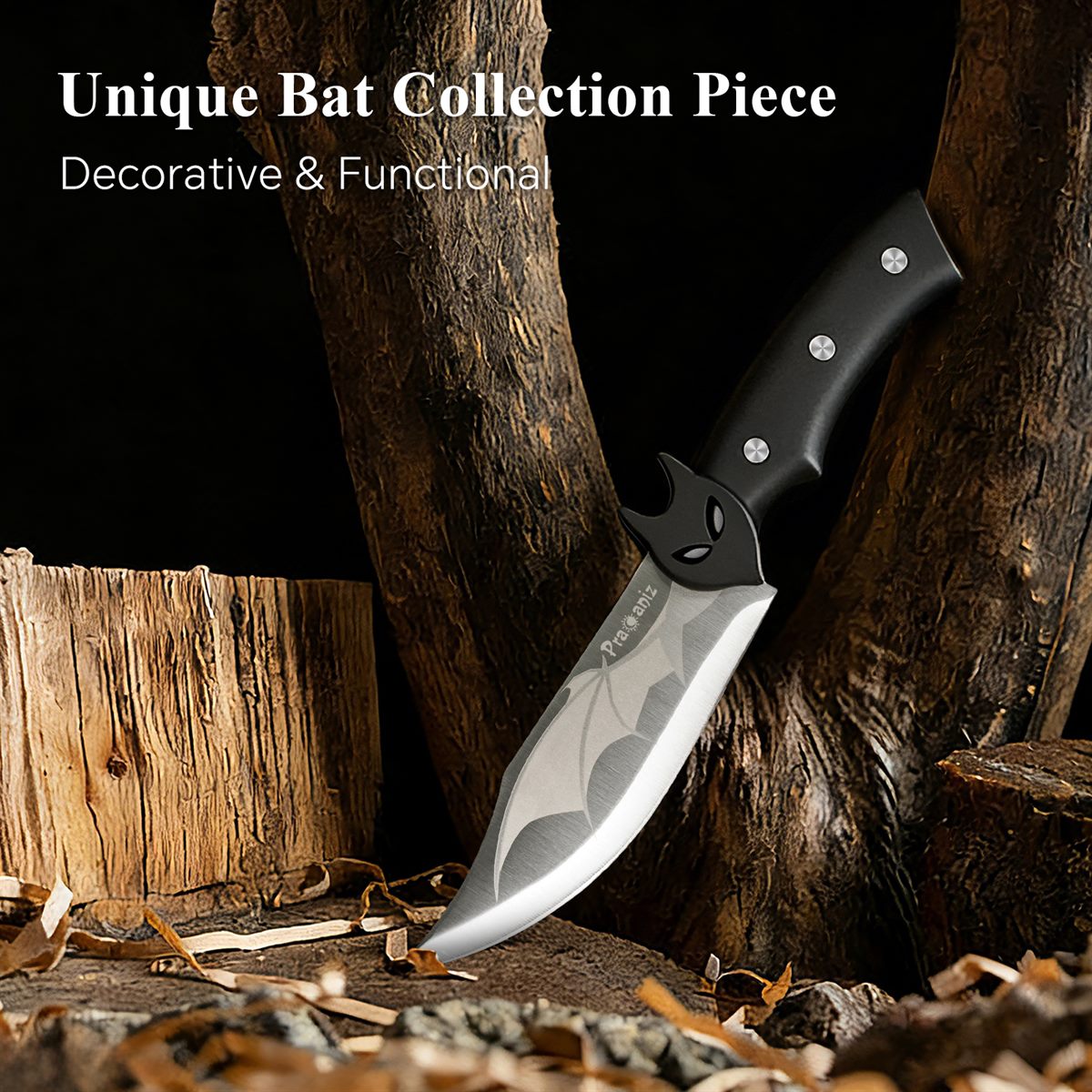 A unique bat collection piece that is also decorative and functional — the knife standing on a tree stump outdoors