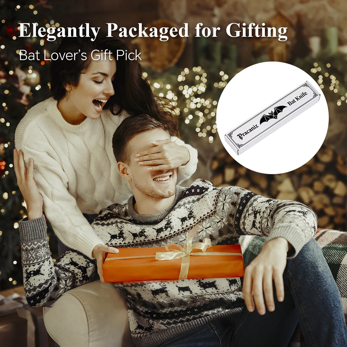 Elegantly packaged for gifting, a bat lover's gift pick — the printed Pracaniz Bat Knife box held beside a couple opening presents