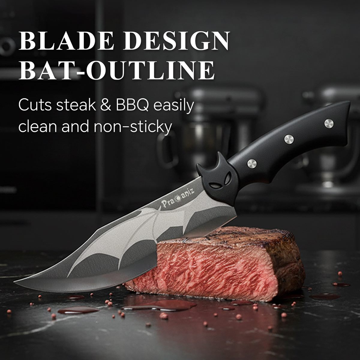 Blade design, bat outline — the knife resting on a seared steak in a dark kitchen; it cuts steak and BBQ easily and cleans without sticking