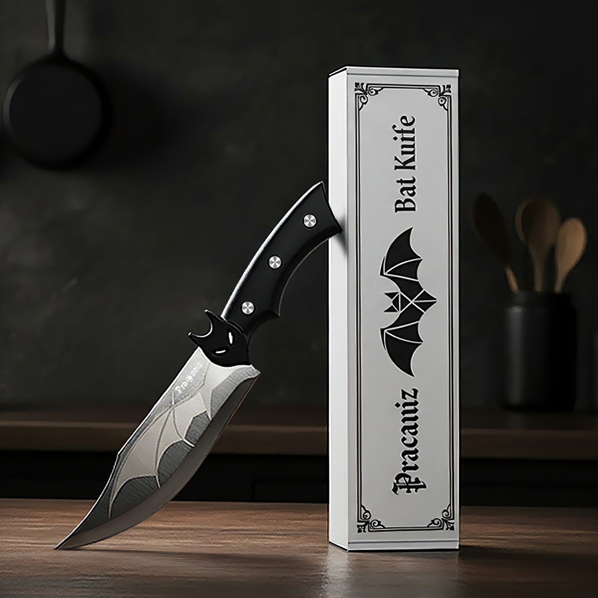 The bat knife leaning against its printed Pracaniz Bat Knife box on a dark kitchen counter