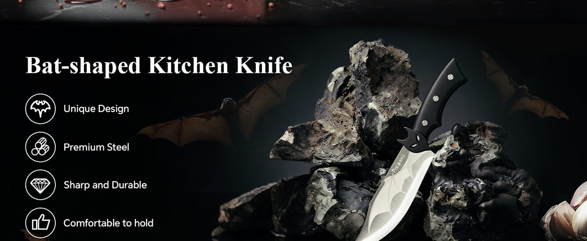 Bat-shaped kitchen knife on dark rock with bats behind it, beside four claims: unique design, premium steel, sharp and durable, comfortable to hold