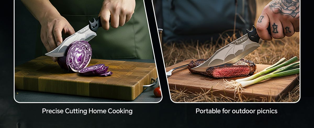 One blade for two worlds, home kitchen and outdoor — slicing red cabbage on a board indoors, and cutting steak on a wooden board outdoors
