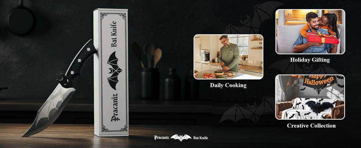 The printed Pracaniz Bat Knife box beside three uses — daily cooking in a kitchen, holiday gifting, and a creative Halloween collection