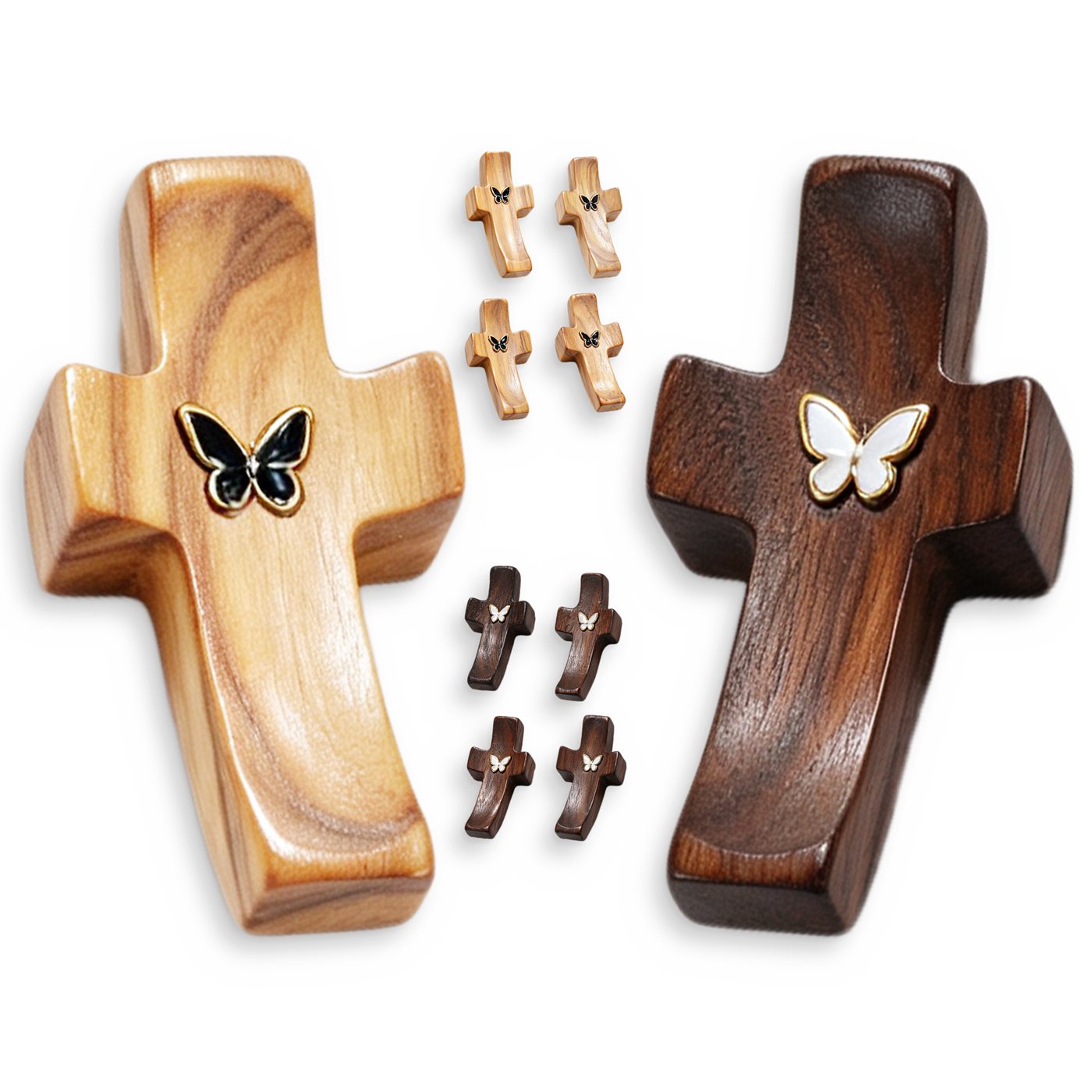 Pracaniz wooden pocket crosses in olive and walnut wood with raised metal butterflies