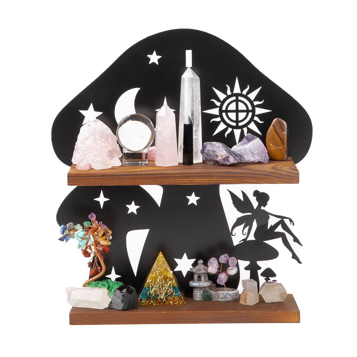Pracaniz mushroom shelf — a black iron backboard cut with a mushroom, crescent moon and sun, on two wooden shelves