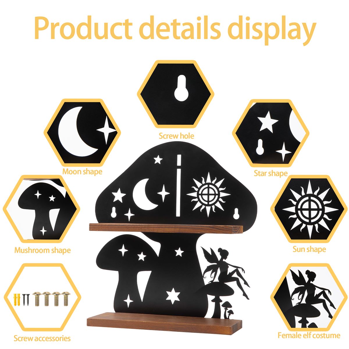 Product details — the cut-out shapes explained: moon shape, star shape, mushroom shape and sun shape, plus the screw accessories that come in the box