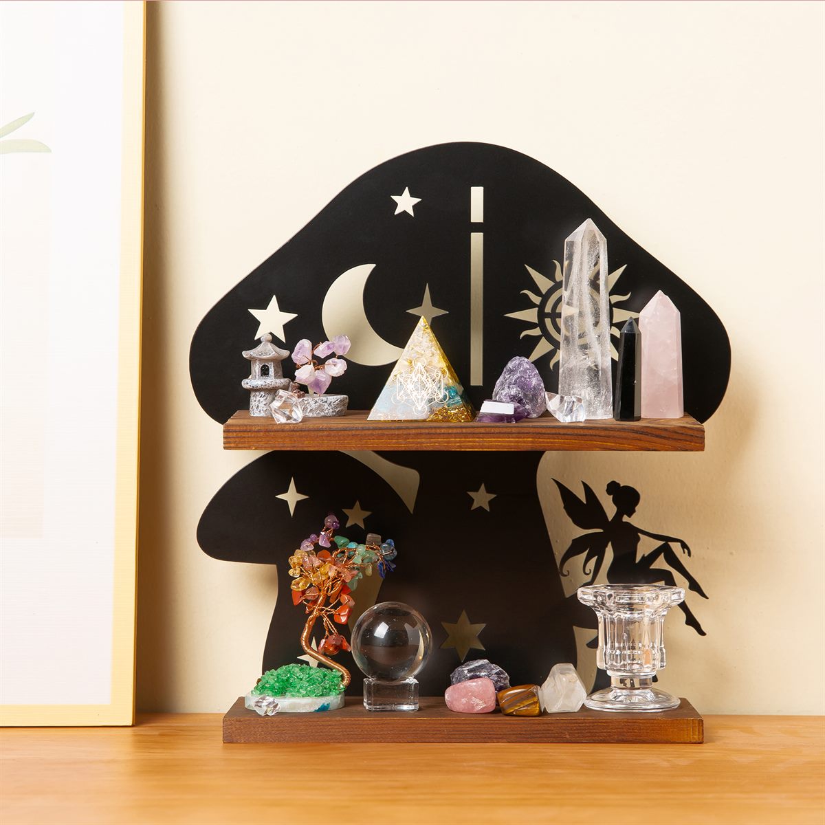 The mushroom shelf on a living-room wall, styled with crystals, a glass dome and small figurines