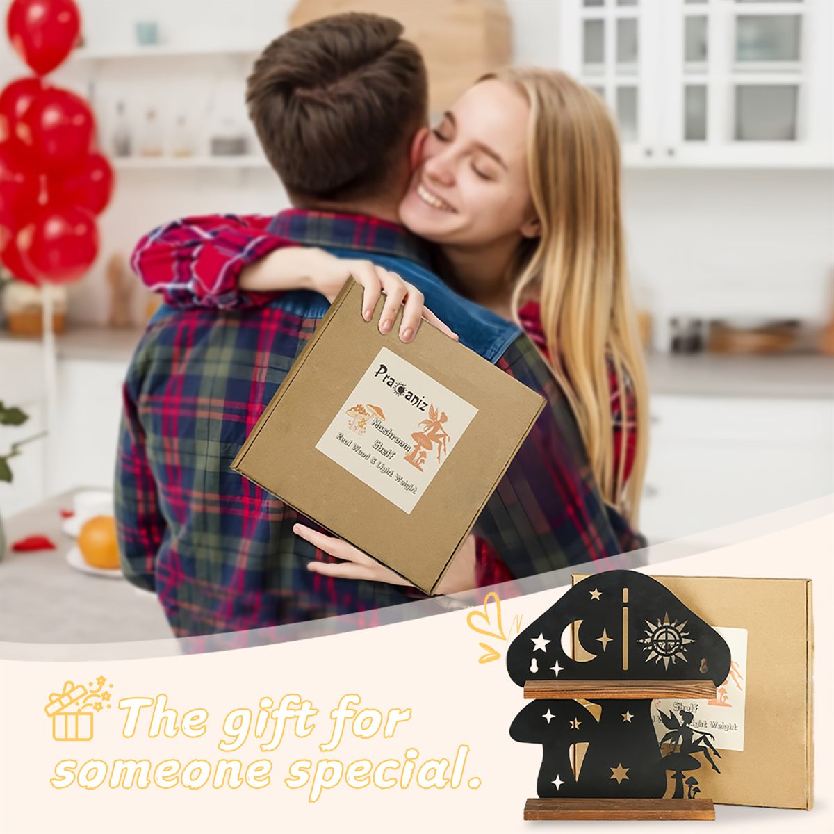The mushroom shelf given as a gift — a couple holding the printed Pracaniz box, with the words the gift for someone special