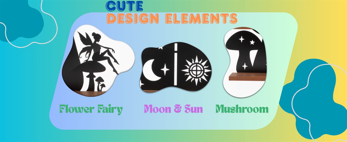 Cute design elements — the cut-outs shown separately: a flower fairy, a moon and sun panel, and a mushroom