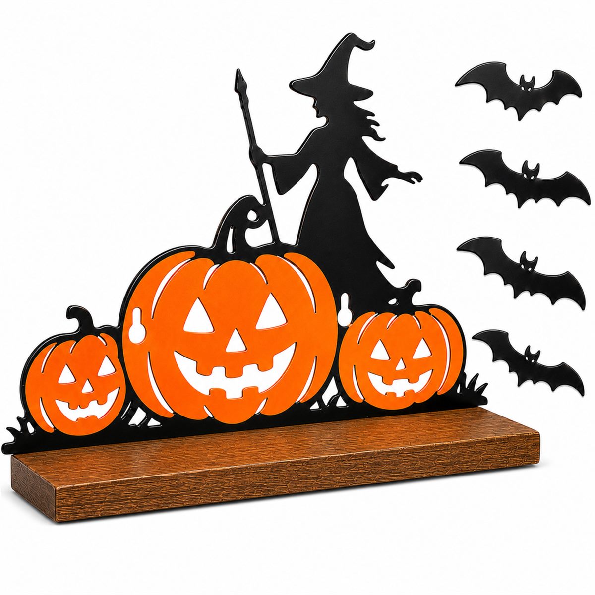 Pracaniz Halloween display shelf — a black metal witch and three jack-o-lanterns on a real wood platform