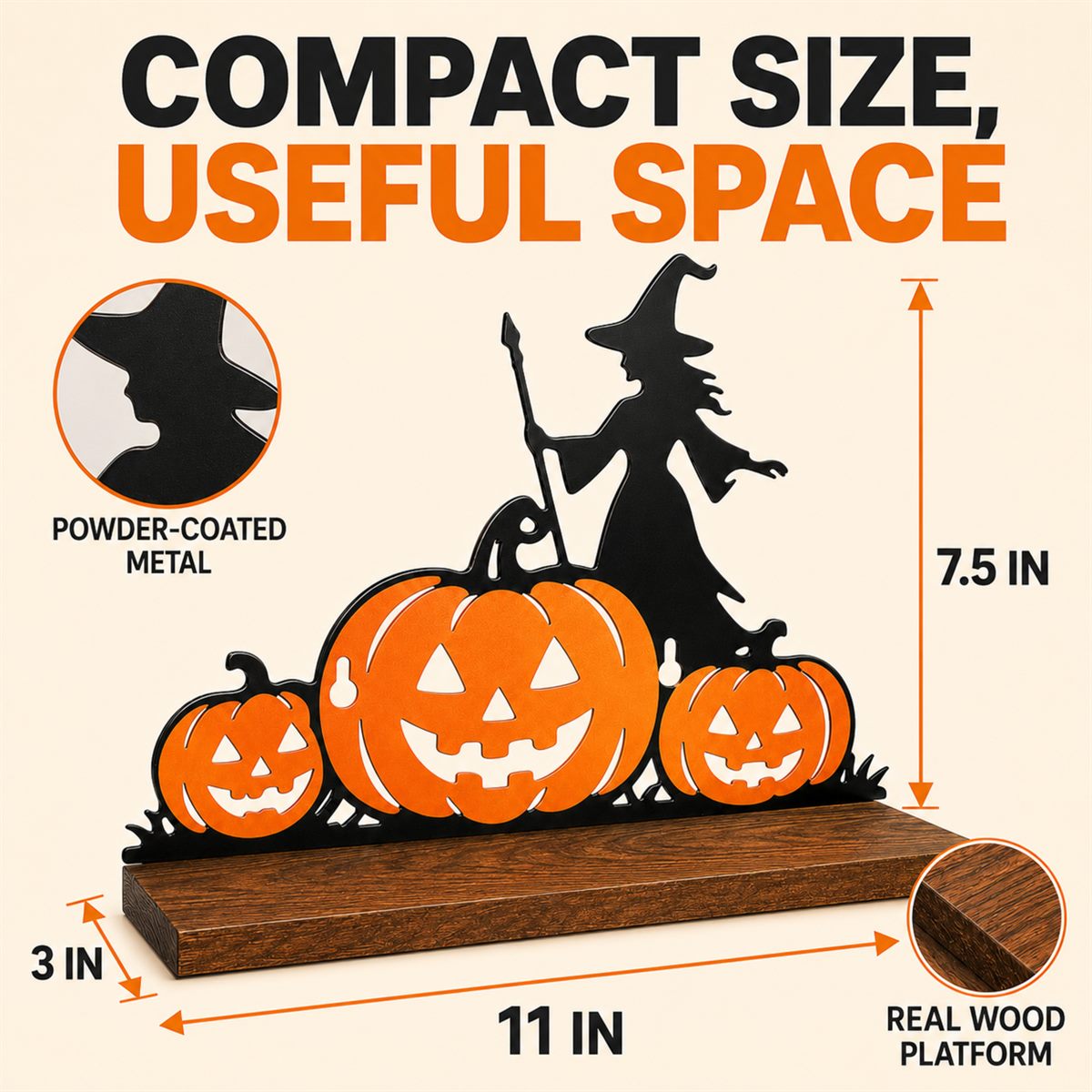 Compact size, useful space — the shelf measured 11 inches wide, 7.5 inches tall and 3 inches deep, with a powder-coated metal panel and a real wood platform