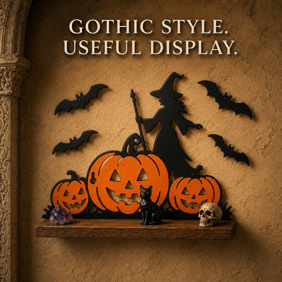 Gothic style, useful display — the shelf on a dark wooden wall shelf with bats above it and a small skull beside it