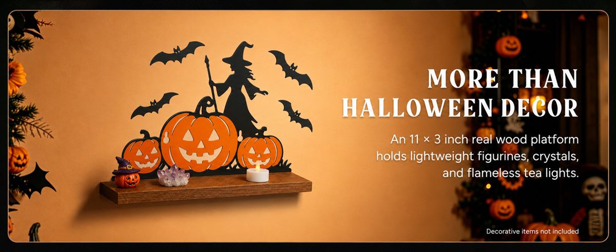 More than Halloween decor — the 11 by 3 inch real wood platform holding lightweight figurines, crystals and a flameless tea light; decorative items not included