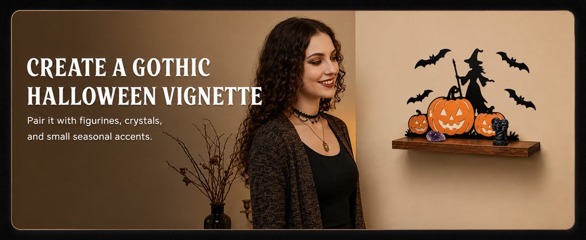 Create a gothic Halloween vignette — pairing the metal pumpkin shelf with figurines, crystals and small seasonal accents
