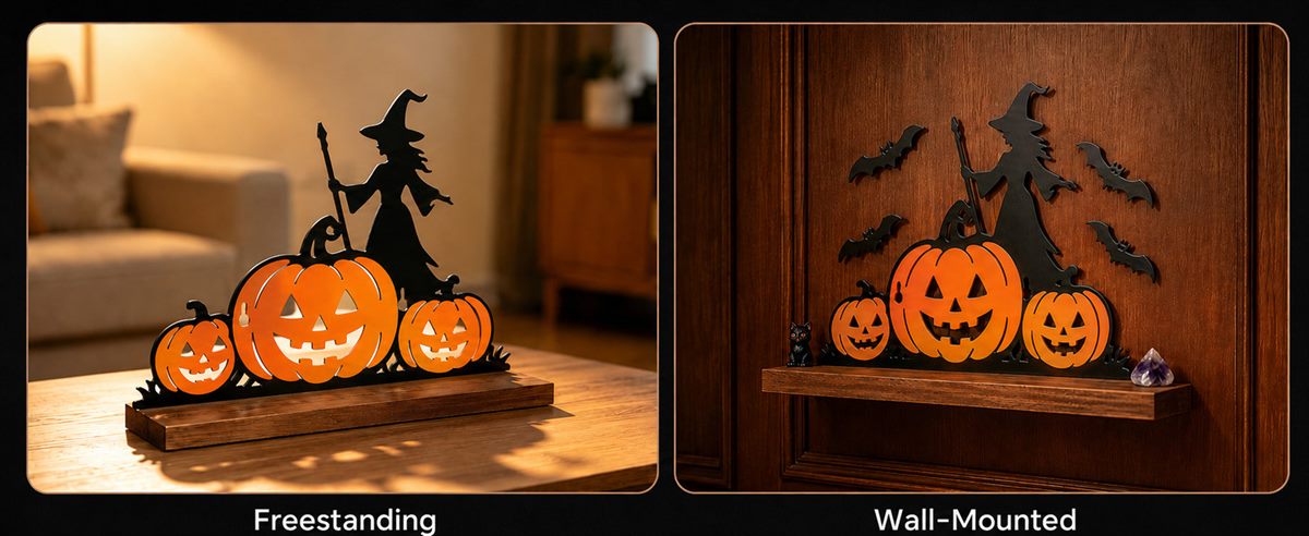 The same Halloween shelf shown two ways — freestanding on a low table, and wall-mounted on dark wood panelling