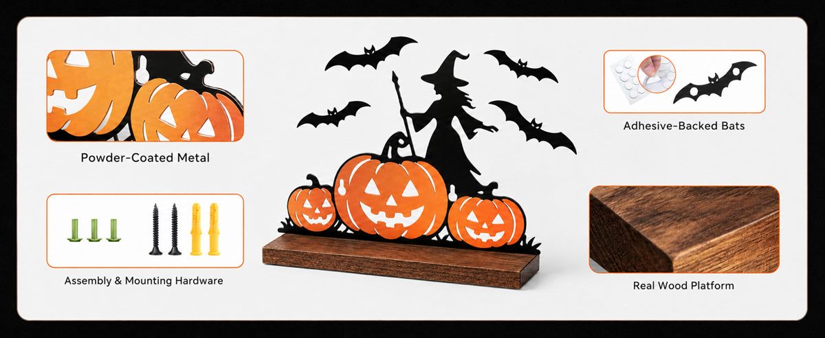 What the shelf is made of — powder-coated metal, a real wood platform, adhesive-backed bats, and assembly and mounting hardware including screws and wall plugs