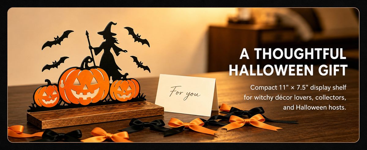 A thoughtful Halloween gift — the compact 11 by 7.5 inch display shelf beside a card that reads For you